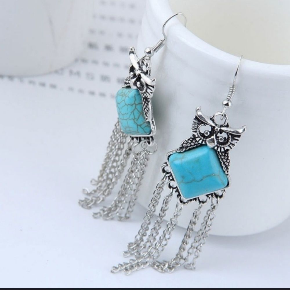Turquoise and Silver Owl Earrings